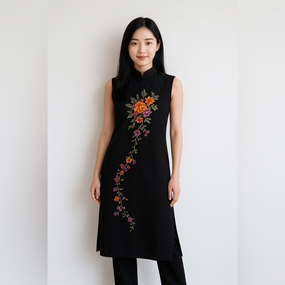 Asian-style pure silk sleeveless long top - Picture 1 of 8
